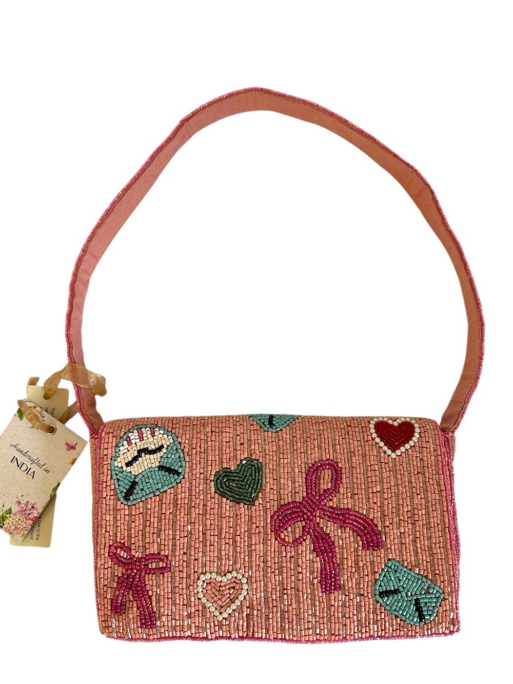 Beaded Pink Shoulder Bag | Heart & Bow Design | Handmade Artisan Purse